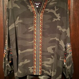 Johnny Was Camo Green/Beige Embroidered Blouse